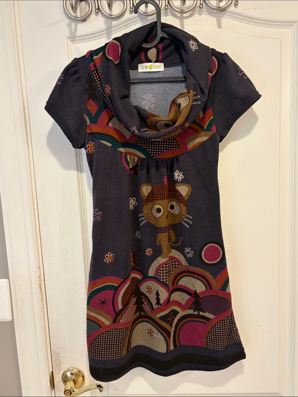 Black Short-Sleeve Cowl-Neck Dress with Colorful Cat Motif